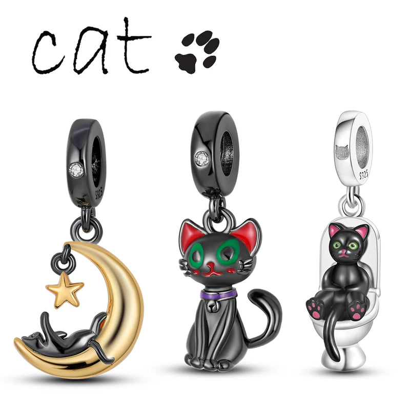 Black Sparkling Cat Dangle Charm – 925 Silver