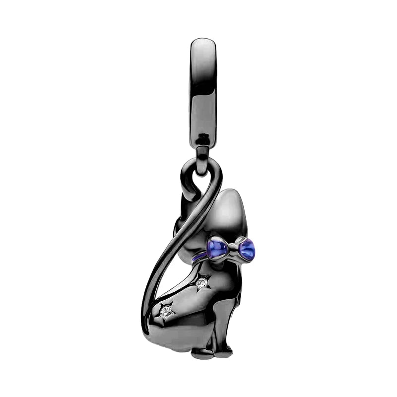 Black Sparkling Cat Dangle Charm – 925 Silver