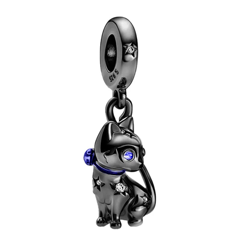 Black Sparkling Cat Dangle Charm – 925 Silver