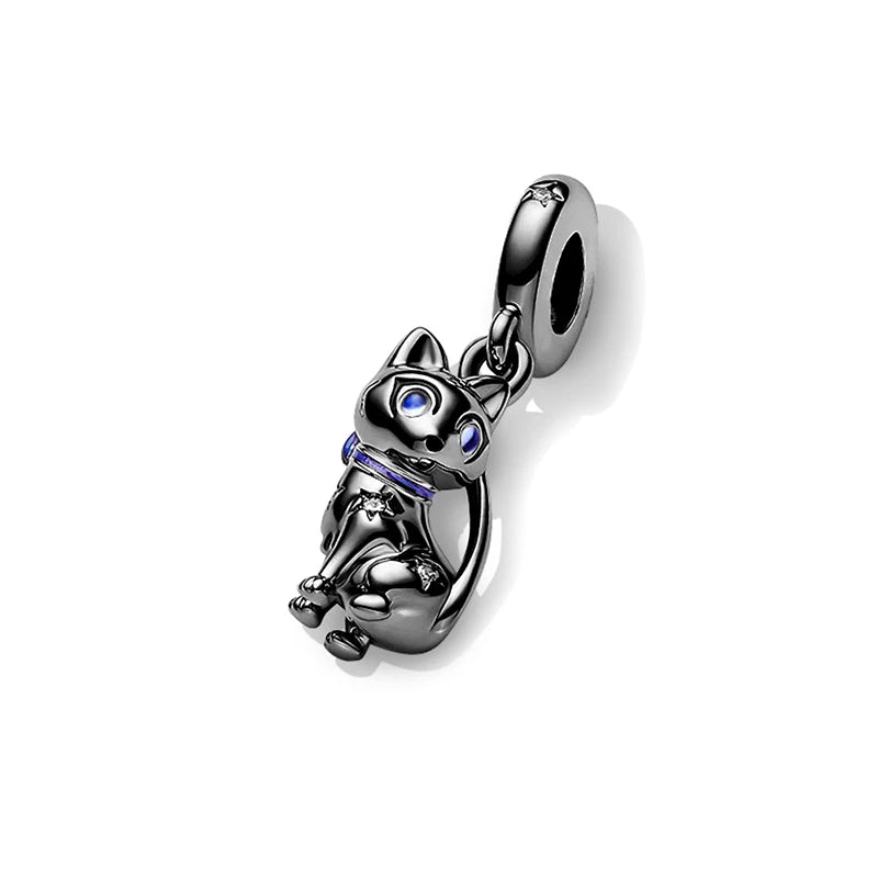 Black Sparkling Cat Dangle Charm – 925 Silver