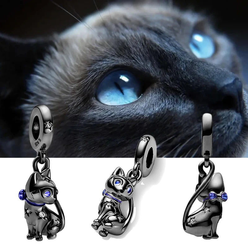 Black Sparkling Cat Dangle Charm – 925 Silver