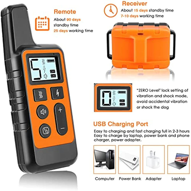 Rechargeable Waterproof Shock Training Collar for Dogs with Remote Range.